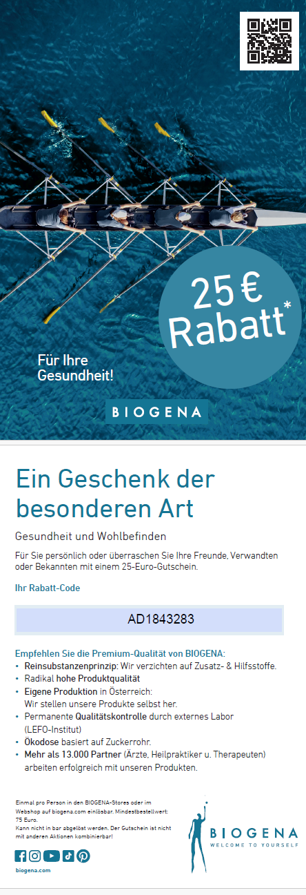 gültig bei Online Bestellungen direkt bei Biogena, Gutschein in Ordination nicht gültig